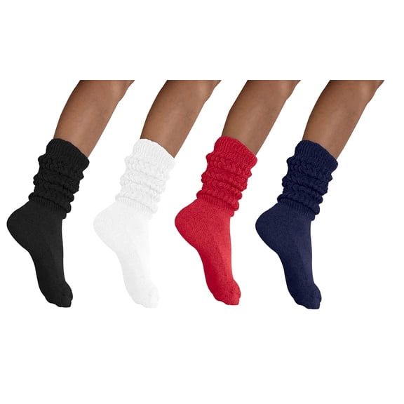 MDR Women and Men Slouch Socks Extra Tall/Extra Heavy Cotton Socks Made in USA Size 9-11, Pack of 4 (1 Black, 1 White, 1 Red, 1 Navy)