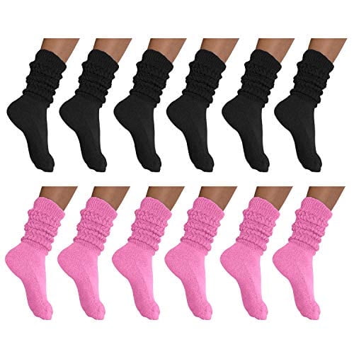 MDR Women's Extra Long Extra Heavy Slouch Socks - 12 Pairs Size 9-11 - Made in USA (6 Black 6 Pink)