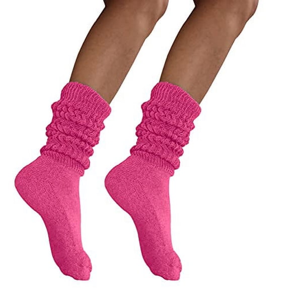 MDR Women's Extra Long & Heavy Slouch Cotton Wear at any Length Socks Made in USA 2 Pair Size 9 to 11 (2 Fuschia )