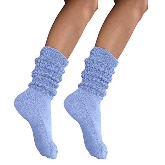 MDR Women's Extra Long & Heavy Slouch Cotton Wear at any Length Socks Made in USA 2 Pair Size 9 to 11 (2 Light Blue )