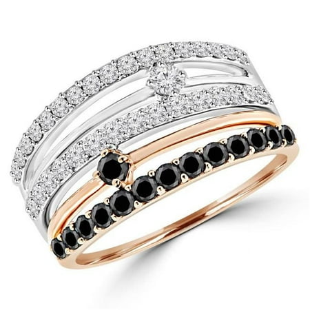 MDR140001-7 0.80 CTW 5-Row Black & White Diamond Fashion Cocktail Ring in 14K White & Rose Gold - Size 7