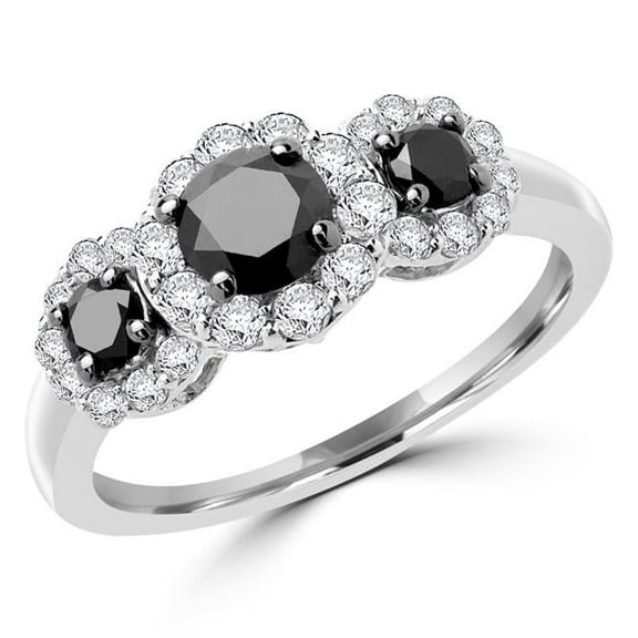 MDR140088-4 1.1 CTW Round Black Diamond Halo Three-stone Engagement Ring in 10K White Gold - Size 4
