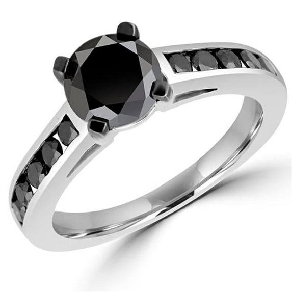MDR140105-3.75 0.9 CTW Round Black Diamond Solitaire with Accents Engagement Ring in 10K White Gold - Size 3.75