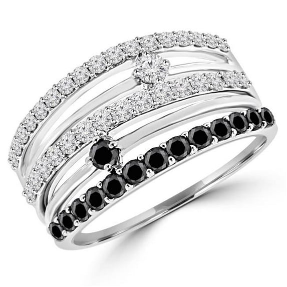 MDR140107-3.25 0.8 CTW 5-Row Black & White Diamond Fashion Cocktail Ring in 14K White Gold - Size 3.25