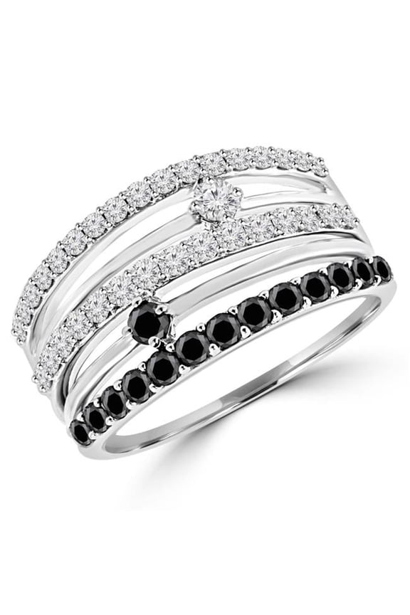 MDR140107-8 0.8 CTW 5-Row Black & White Diamond Fashion Cocktail Ring in 14K White Gold - Size 8