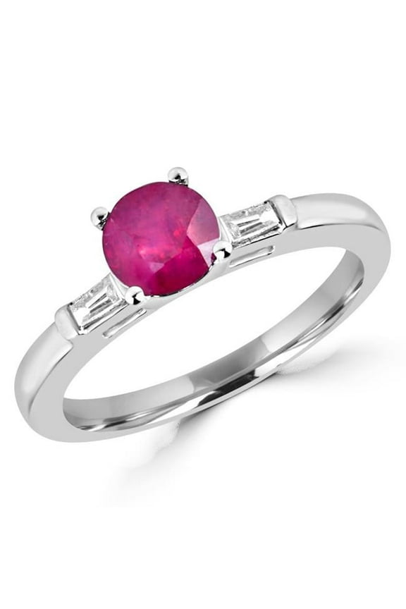 MDR170022-5.25 1.12 CTW Round Red Ruby Cocktail Ring in 14K White Gold with Baguette Accents - 5.25