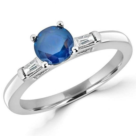 MDR170023-7.5 0.87 CTW Round Blue Sapphire Cocktail Ring in 14K White Gold with Baguette Accents - 7.5