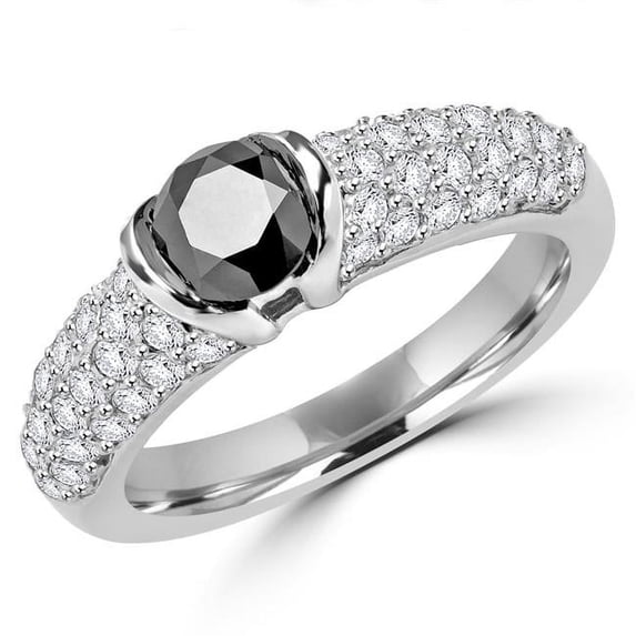 MDR170096-7 1.33 CTW Round Black Diamond Cocktail Ring in 14K White Gold - Size 7