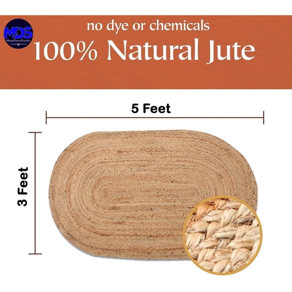 MDS Pack of 1 Handwoven Braided Jute Area Rug 3x5 feet Oval -  Natural Burlap Reversible Accent Rugs for Home Decor, Living Room, Doormat, Kitchen, Entryway Rug, Rustic, Farmhouse (3'x5')