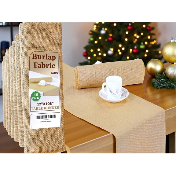 MDS Pack of 10 Pieces Wedding 12 x 108 inch Long Natural Burlap Table Runner, Rustic Farmhouse Jute Country Vintage Burlap Roll Runner for Wedding, Party Table Decorations , Boho Dcor - Natural