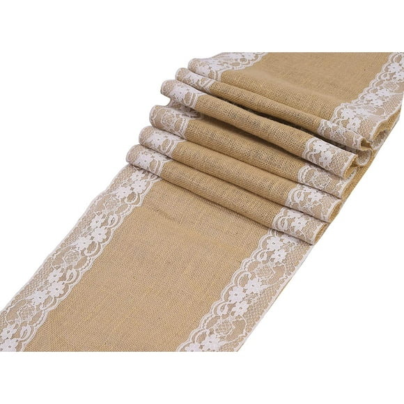 MDS Pack of 10 Wedding 12 x 108 inch Vintage Lace Burlap Table Runner, Rustic Farmhouse Jute Country Vintage Jute Burlap Roll for Wedding,Christmas Xmas New Year Party Jute Runner-Natural