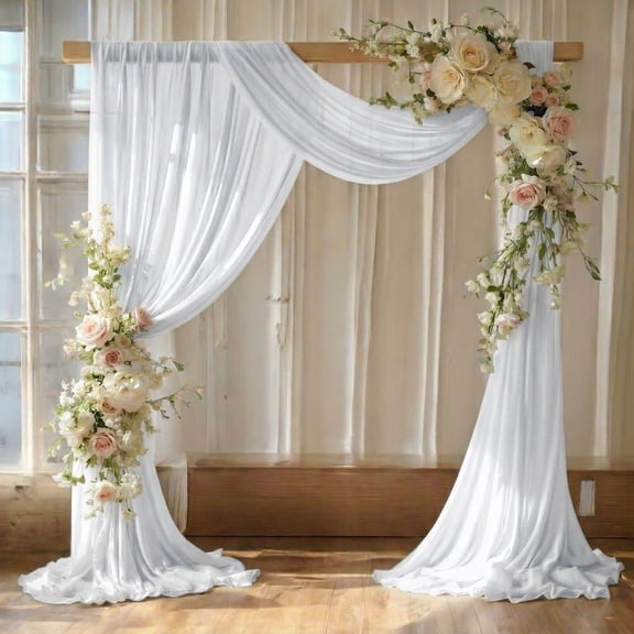 MDS Pack of 2 Wedding Arch Drape Panel (30" Width x 30ft Long) Sheer Chiffon Arbor Canopy Drapery Fabric for Ceremony Reception Decoration Party Ceiling Backdrop Curtain Swag - White