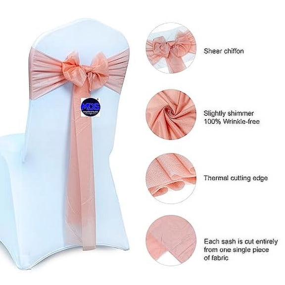 MDS Pack of 200 Chiffon Chair Sashes Bows for Wedding Events Supplies, Decorations for Birthday Parties, Graduations, Engagements, Chair Sashes fits Banquet Chair Cover Tie Back - Peach
