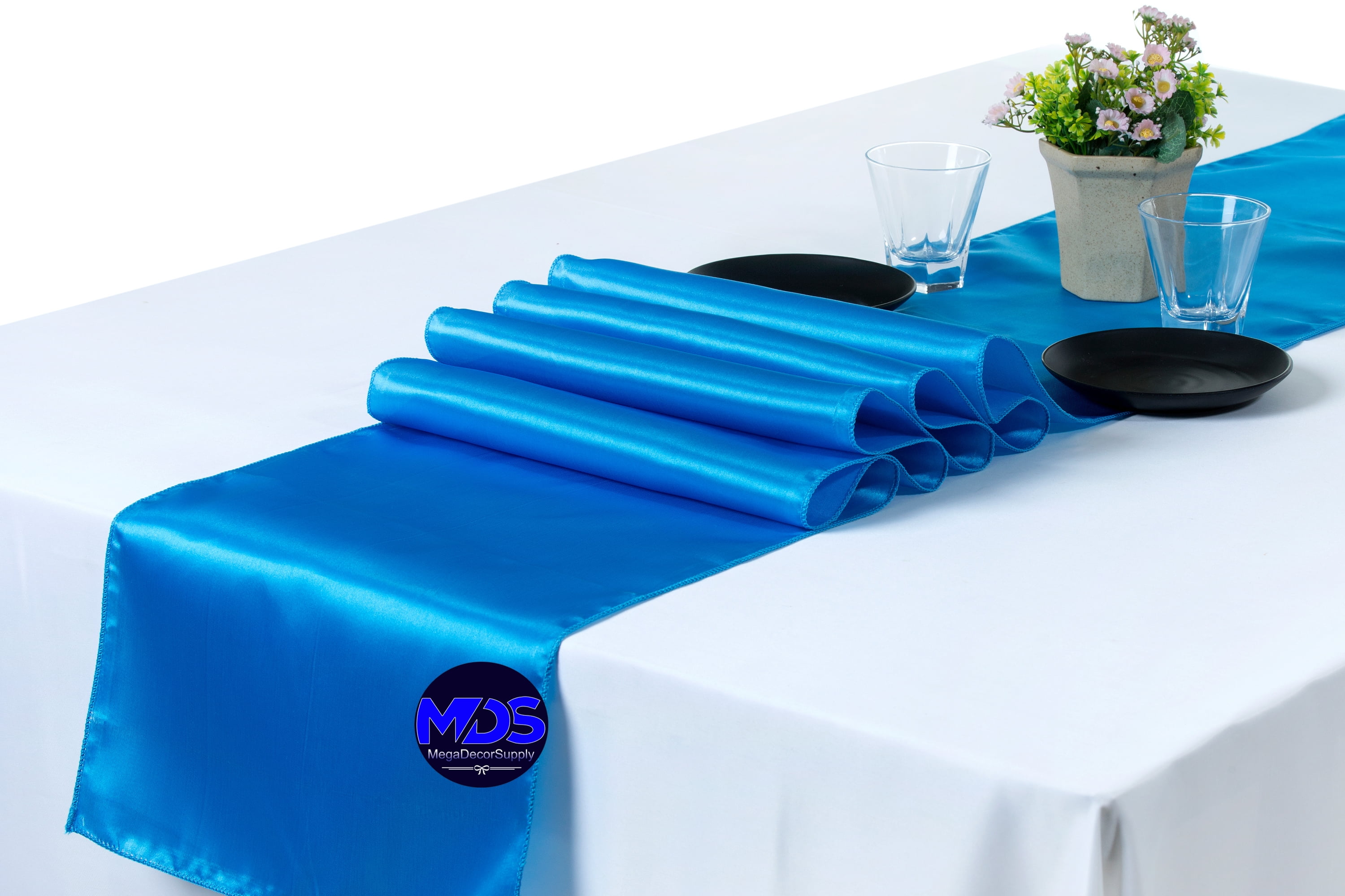 MDS Pack of 10 Wedding 12 x 108 inch Satin Table Runner for Wedding Banquet Decoration -Blue