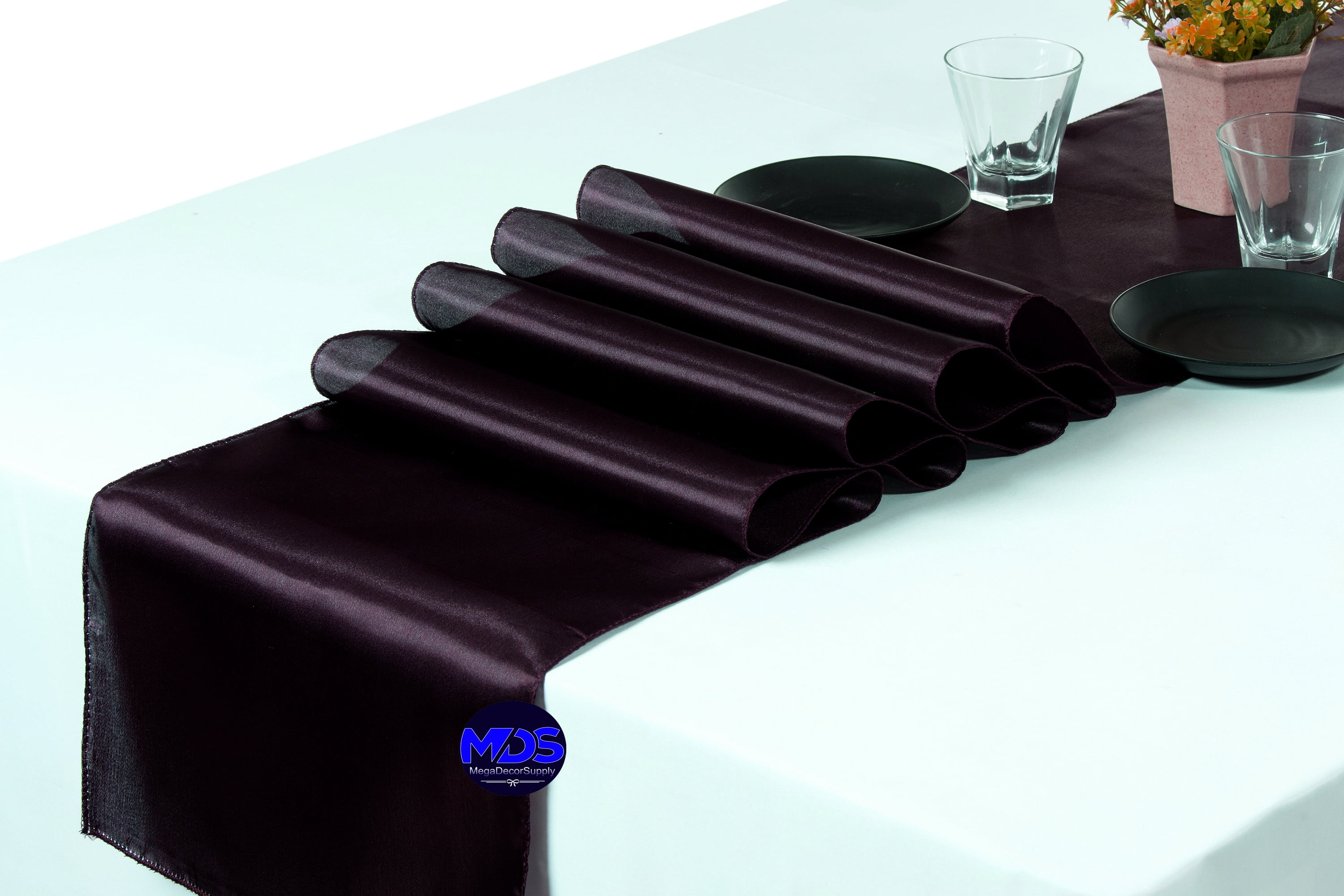 MDS Pack of 10 Wedding 12 x 108 inch Satin Table Runner for Wedding Banquet Decoration -Plum
