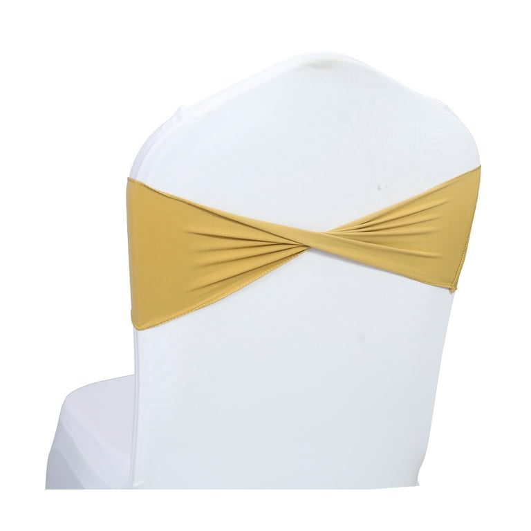 MDS Pack of 100 Spandex Chair Sashes Bow Sash Elastic Chair Bands ties without Buckle for wedding and Events Decoration Gold