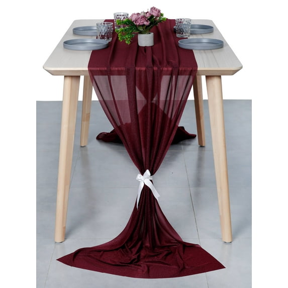 MDS pack of 12 Wedding 29 x 170 inches Sheer chiffon Table Runner for Rustic Boho Wedding Banquet Decor for 14ft Table Runners - burgundy