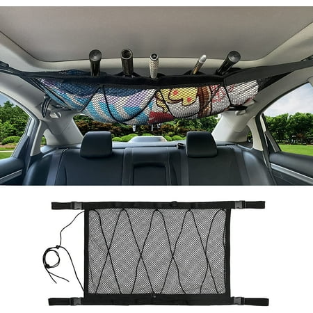 MDSTOP SUV Ceiling Storage Net with Fishing Rod Holder, Interior Car Roof Rack Mesh Storage Rack Polyester Mesh Sundries Organizers for Long Travel and Fishing