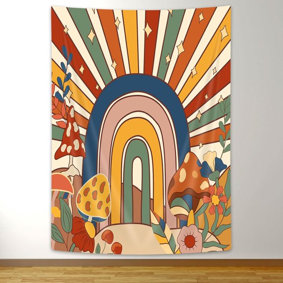 MDUKOIN Vintage 70s Abstract Groovy Tapestry, Retro Funky Flowers Floral Mushroom Clouds Sun Rainbow Tapestry Wall Hanging, Orange Boho Aesthetic Tapestry for Bedroom Living Room Dorm Decor 60X40in