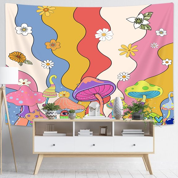 MDUKOIN Vintage 70s Abstract Groovy Tapestry, Retro Funky Flowers Floral Mushroom Clouds Sun Rainbow Tapestry Wall Hanging, Orange Boho Aesthetic Tapestry for Bedroom Living Room Dorm Decor 60X40in