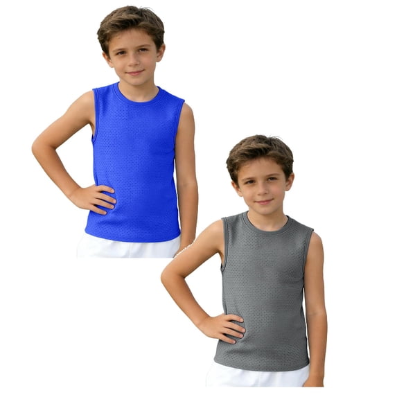 MDUKONU 2 Pack Boys Tank Tops Casual Sleeveless Crewneck Athletic Workout Tees Mesh Basketball Vest Basic Solid Undershirts Sizes 5-12 Years