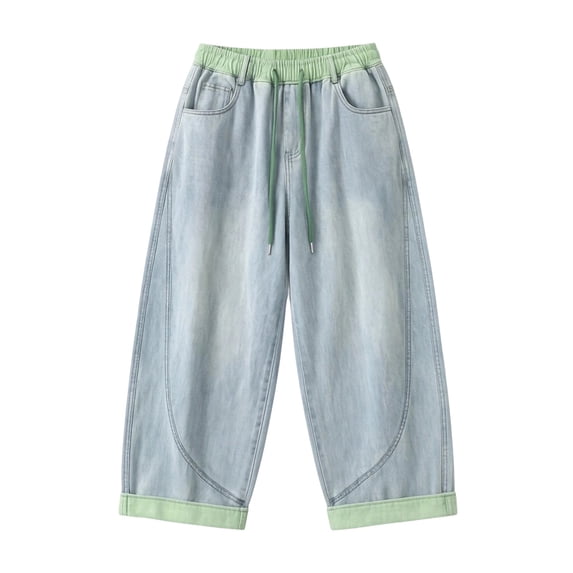 MDUKONU Boys Baggy Loose Straight Leg Jeans Elastic Waist Wide Leg Cute Casual Denim Pants with Pocket Streetwear Size: 16-17 Years Light Green