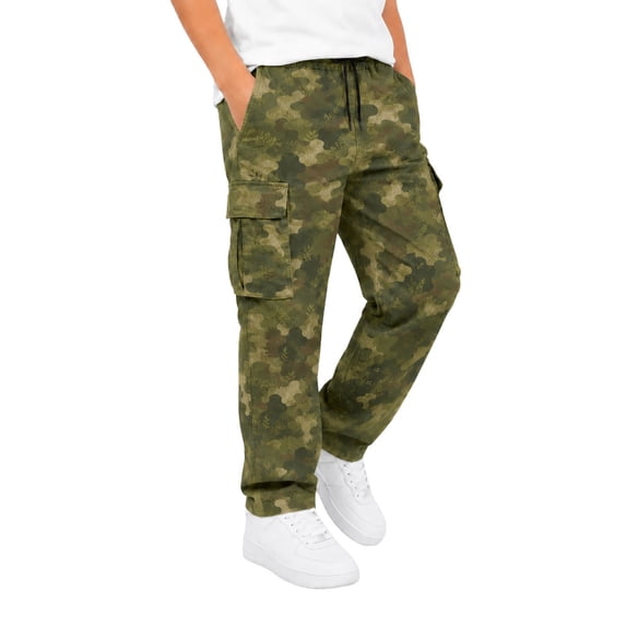MDUKONU Boys Y2K Camo Cargo Pants Loose High Straight Leg Denim Pants with Pockets Size: 15-16 Years Army Green