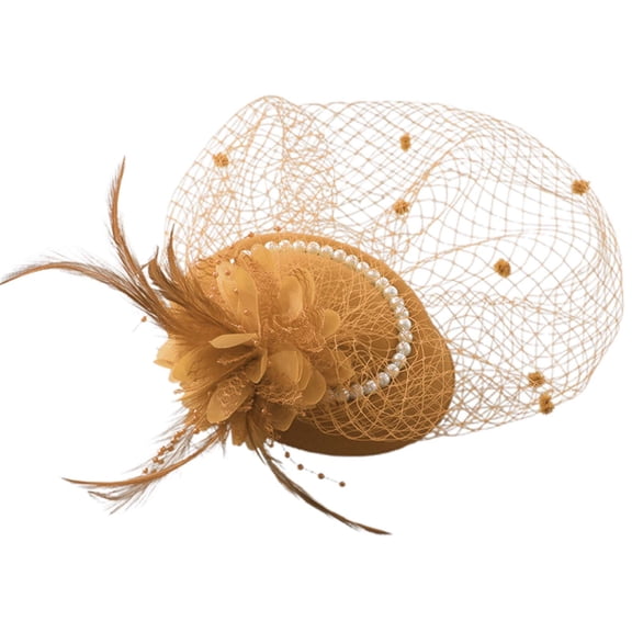 MDUKONU Fascinator Hat Women Pearl Veil Feather Fascinators Hair Clip Tea Party Pillbox Hat Fascinator for Wedding Khaki