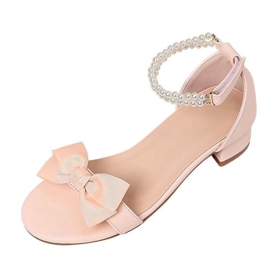 MDUKONU Girls Dress Shoes Sandals Low Heels Bow Pearl Ankle Strap Open Toe Flower Girl Wedding Party Shoes for Toddler Little Big Kid RD1 11-11.5 Years