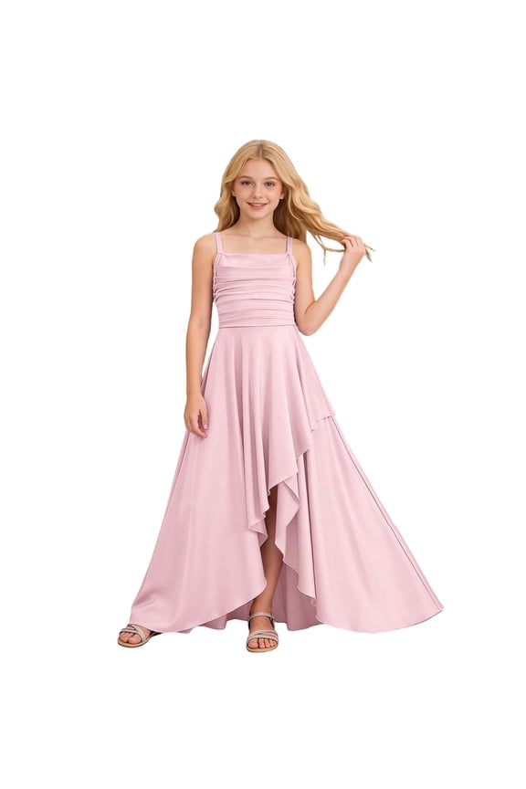 Girls Spaghetti Strap Junior Bridesmaid Dresses Silk Satin Ruffle Slit Flower Girl Dress for Teen Girls Formal Dresses Pink 13-14 Years