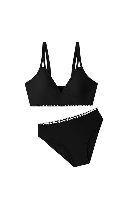 Girls Swimsuit Contrast Trim Cross Back Swimwear Girls Bathing Suit with Padding Black 9-10 Years