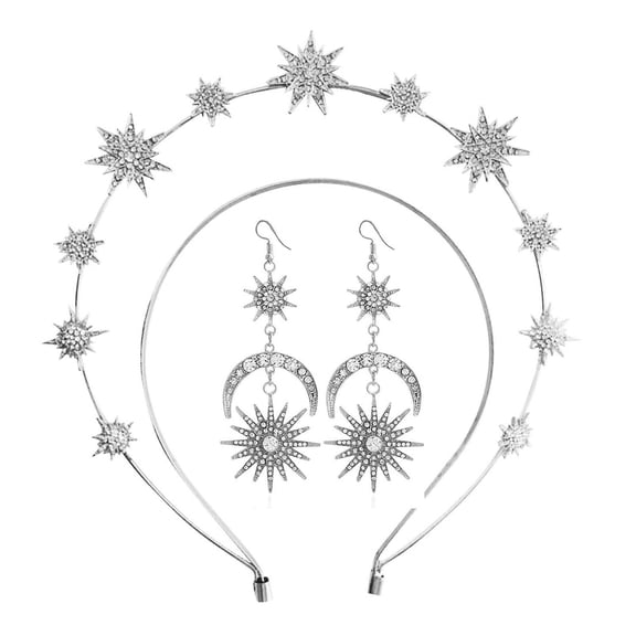 MDUKONU Halo - Stars Goddess HeadBand with Earrings Mary Metal Halo Headpiece Celestial for Women Bridal Wedding Party Goddess Accessories Silver