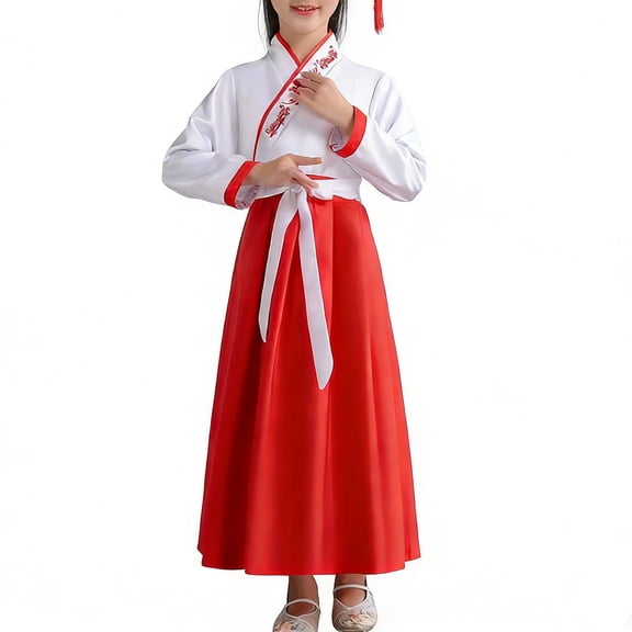 MDUKONU Kids Ancient Hanfu Dress Set Chiffon Elegant Chinese New Year Traditional Tang Suit Floral Embroidery for Graduation Party Halloween, Easter, Christmas Festival Red 2-3Years