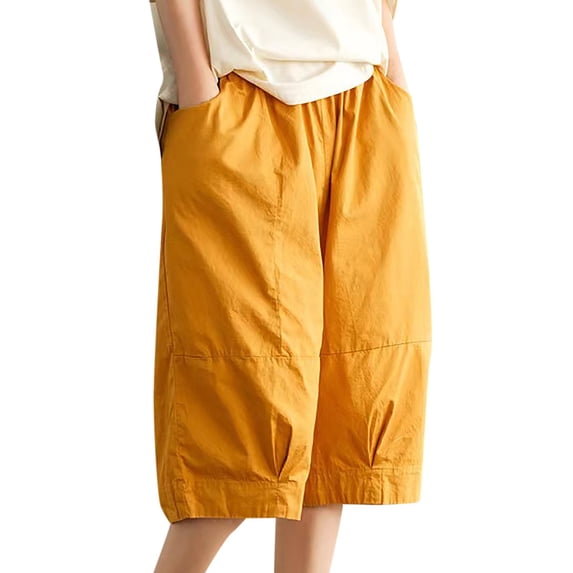MDUKONU Linen Shorts for Women Resistant Loose Fit Stretchy Yellow XXL