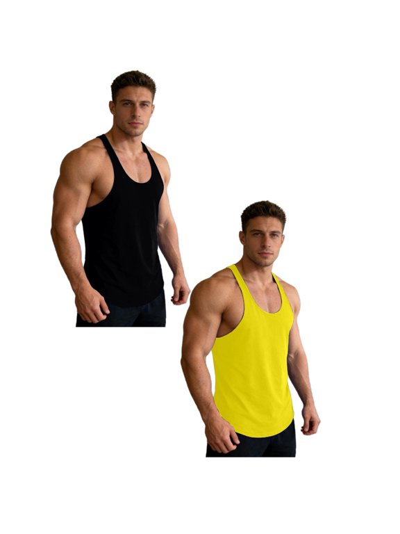 Men's Bodybuilding Stringer Tank Tops Y-Back Gym Fitness Workout Training Running T-Shirts Athletic Sleeveless Top, 2 Pack