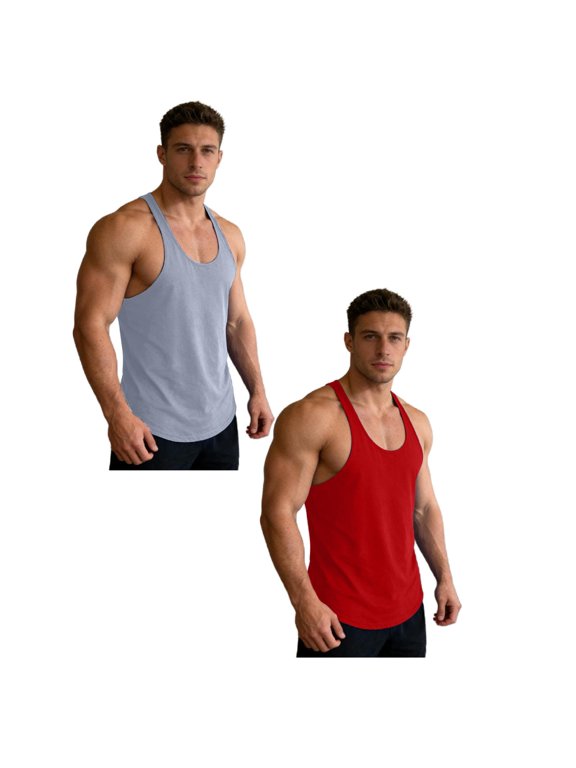 Men's Bodybuilding Stringer Tank Tops Y-Back Gym Fitness Workout Training Running T-Shirts Athletic Sleeveless Top, 2 Pack
