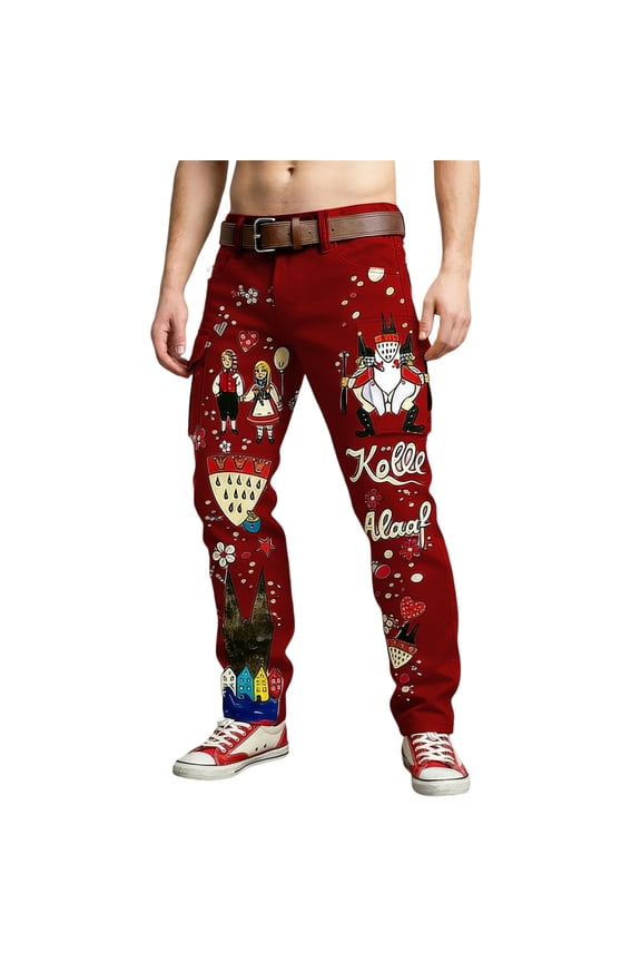 Men's Casual Stylish Straight Slim Fit Jeans Printed Jeans Skinny Denim Pants Young Hiphop Skinny Denim Pants Red XL