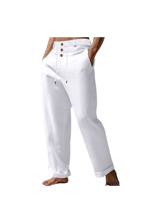 Men's Linen Chinos Drawstring Waist Summer Wear White XXL