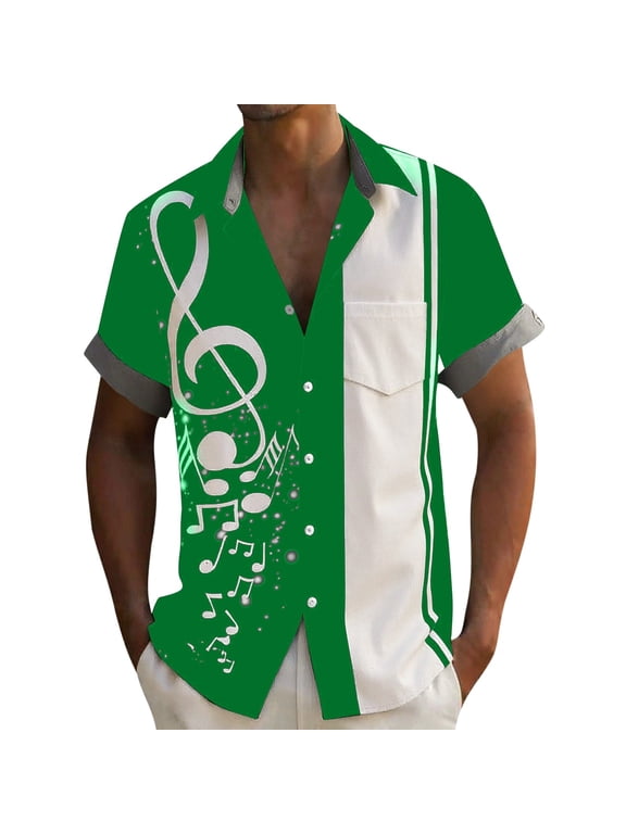Music Shirts for Men Hawaiian Bowling Vintage Print Short Sleeve Casual Button Down Beach Big Tall Shirt Green XXXXXL