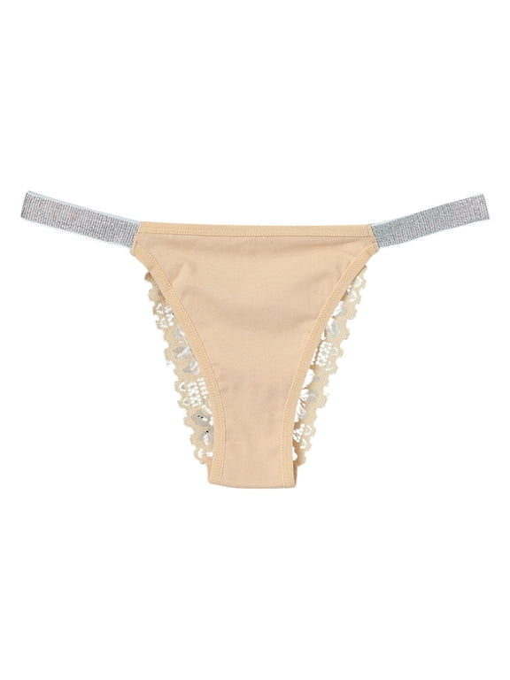 Thongs for Women Shine Strap Underwear Hollow Lace Thong Panties Breathable Low Waist Underpants Size: M Beige