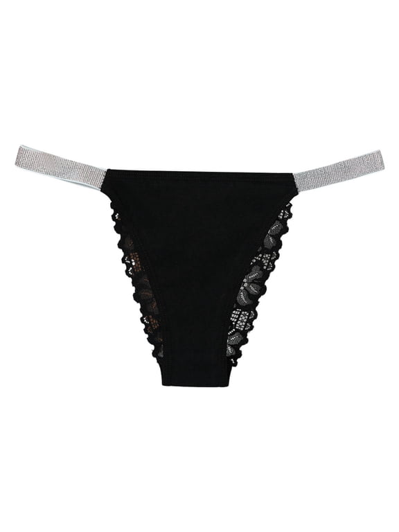 Thongs for Women Shine Strap Underwear Hollow Lace Thong Panties Breathable Low Waist Underpants Size: S Black