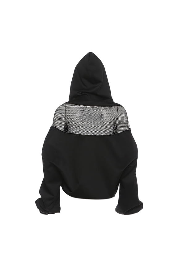 Women Hoodie Sweatshirt See Through Fishnet Mesh Pullover Long Sleeve Backless Top with Pocket Black M