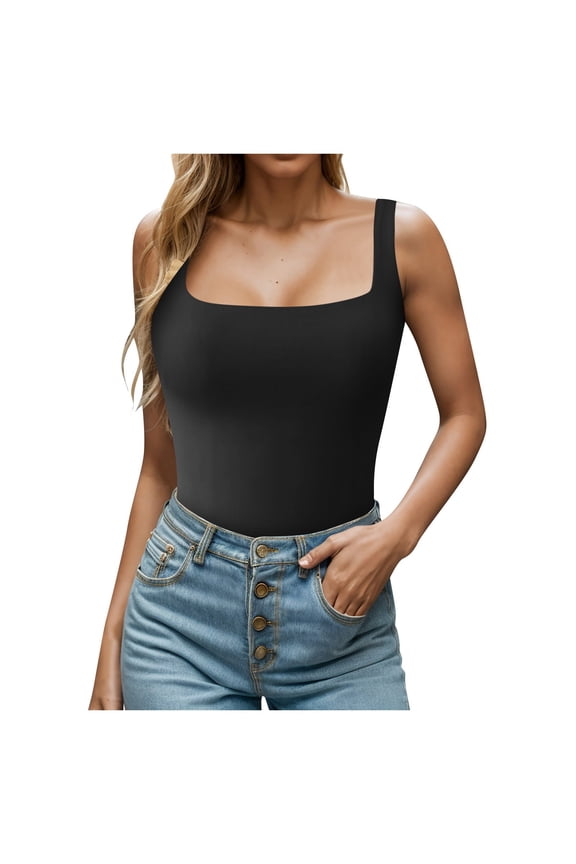 Women Rib Tank Top Padded Workout Top Square Neck Crop Tank Fitted Basic Cami Tops Black S