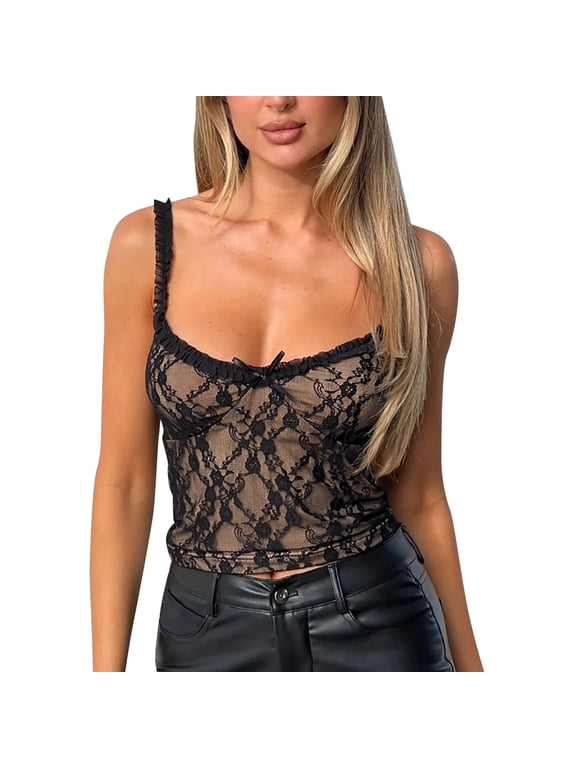 Women Y2K Lace Cami Tank Top Sheer Mesh Spaghetti Strap Sleeveless Crop Tops Camisole Sexy Summer Going Out Tops Size: XL Black