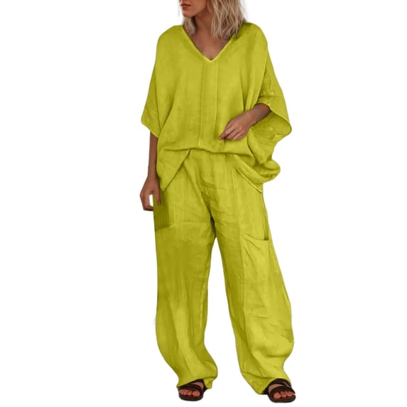 MDUKONU Women's 2-Piece Linen Set - V-Neck Batwing Sleeve Top & Wide Leg Pants Green M