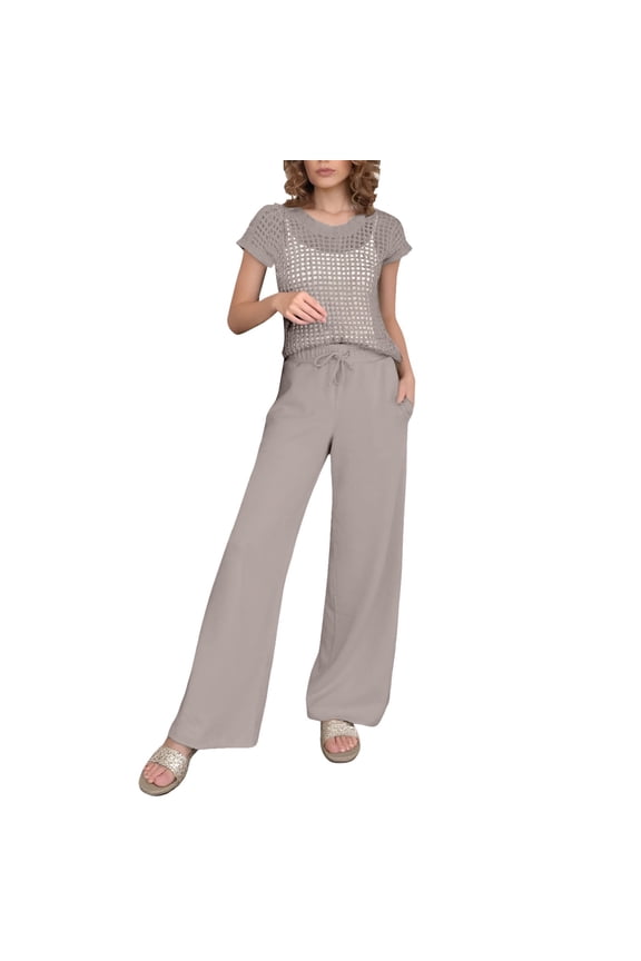 Women's 2-Piece Set - Sheer Mesh Grid Short Sleeve Top & Drawstring Wide Leg Pants Grey S