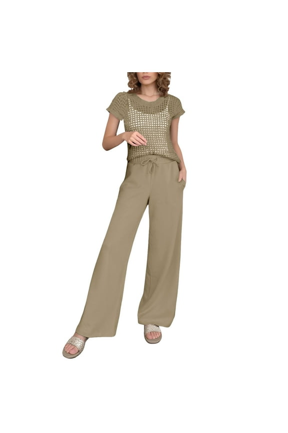 Women's 2-Piece Set - Sheer Mesh Grid Short Sleeve Top & Drawstring Wide Leg Pants Khaki L