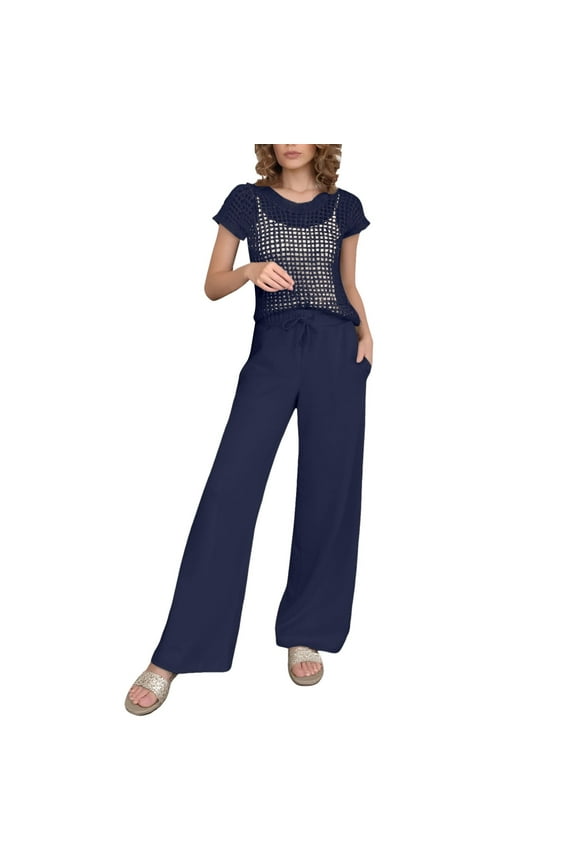 Women's 2-Piece Set - Sheer Mesh Grid Short Sleeve Top & Drawstring Wide Leg Pants Navy XXL