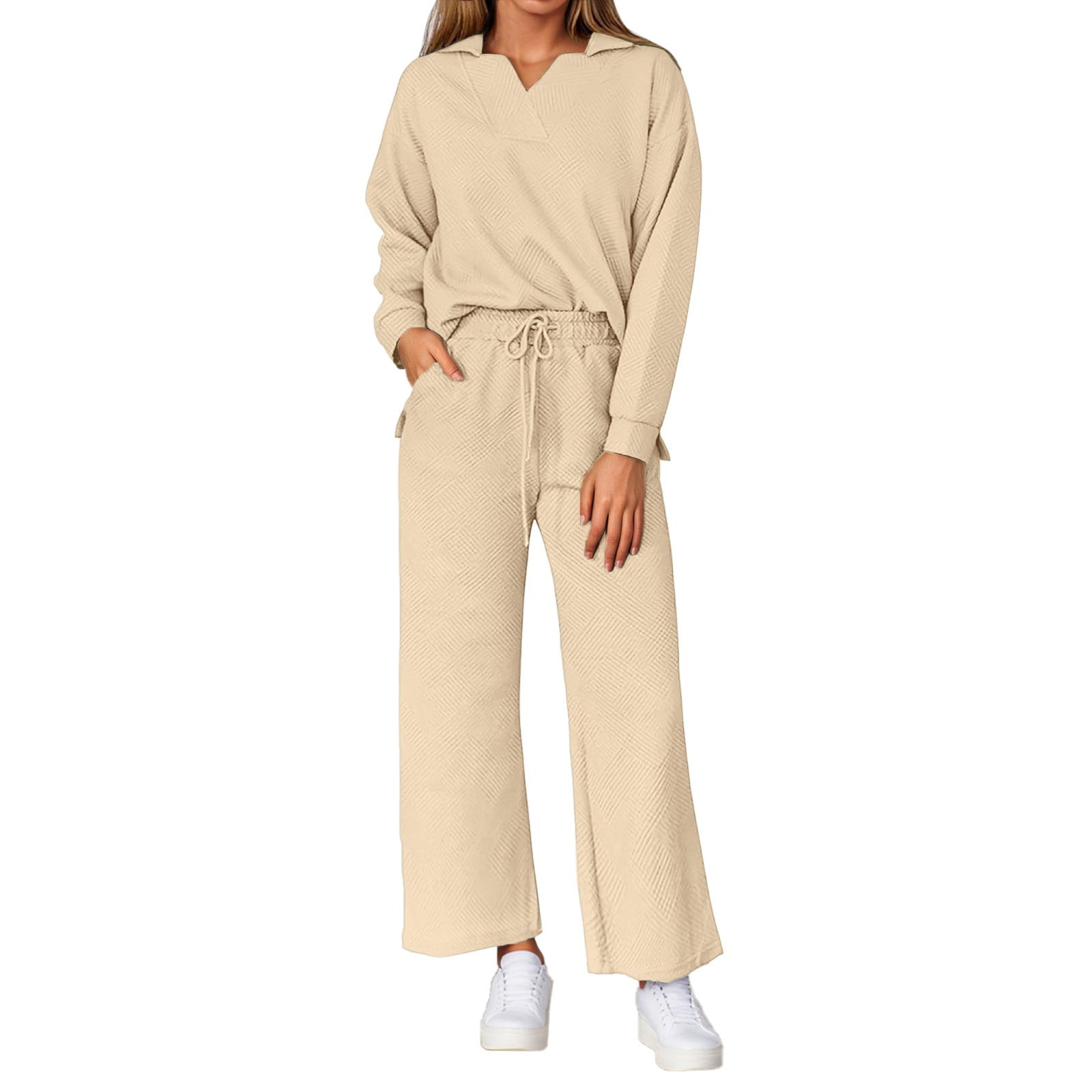 MDUKONU Women's 2-Piece Set - V-Neck Collared Textured Top & Drawstring ...