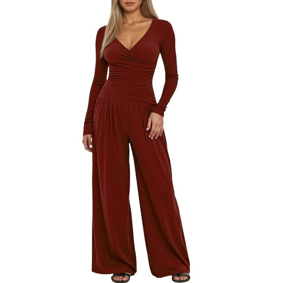 MDUKONU Women's 2-Piece Set - V-Neck Wrap Ruched Long Sleeve Top & Wide Leg Pants Red XS